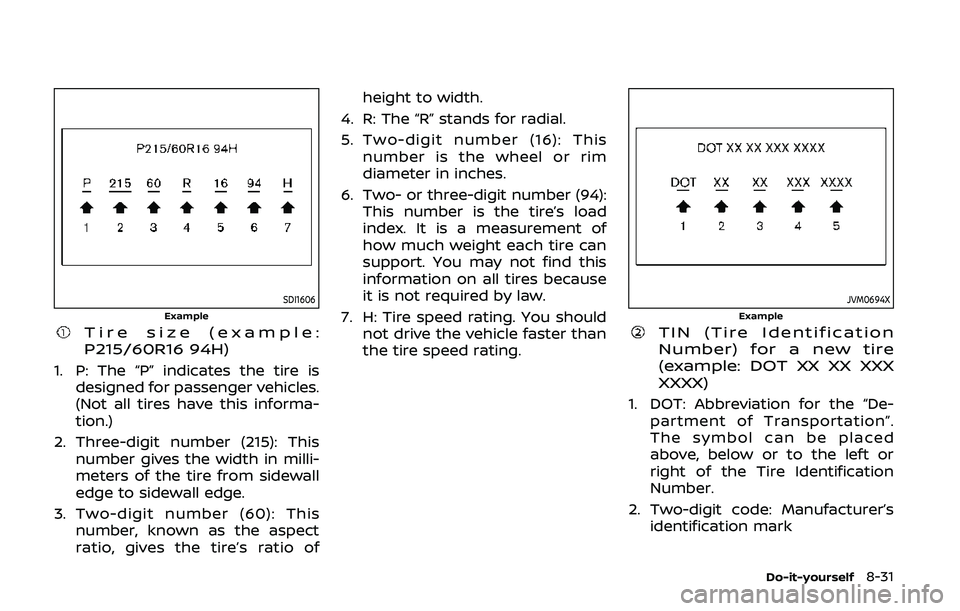 NISSAN 370Z 2020  Owner´s Manual SDI1606Example
Tire size (example:
P215/60R16 94H)
1. P: The “P” indicates the tire isdesigned for passenger vehicles.
(Not all tires have this informa-
tion.)
2. Three-digit number (215): This nu