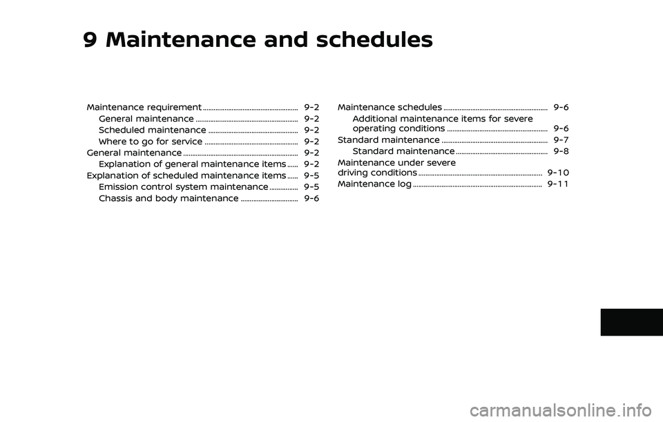 NISSAN 370Z 2020 Owner´s Manual 9 Maintenance and schedules
Maintenance requirement ..................................................... 9-2General maintenance ......................................................... 9-2
Scheduled NISSAN 370Z 2020 Owner´s Manual 9 Maintenance and schedules
Maintenance requirement ..................................................... 9-2General maintenance ......................................................... 9-2
Scheduled