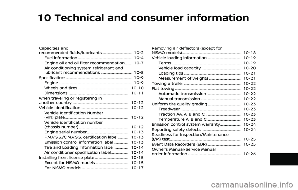 NISSAN 370Z 2020 Owner´s Manual 10 Technical and consumer information
Capacities and
recommended fluids/lubricants .................................... 10-2Fuel information ........................................................... NISSAN 370Z 2020 Owner´s Manual 10 Technical and consumer information
Capacities and
recommended fluids/lubricants .................................... 10-2Fuel information ...........................................................