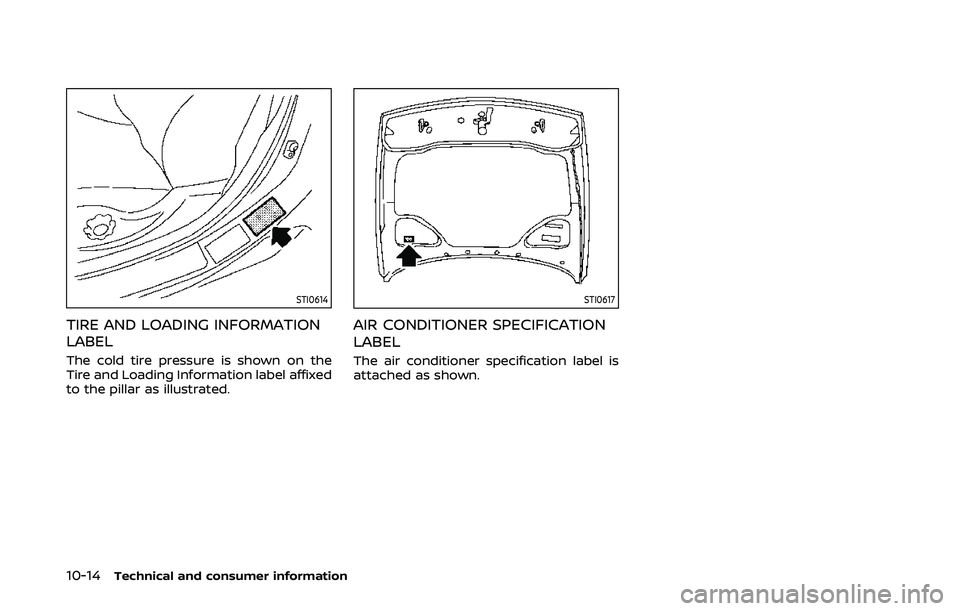 NISSAN 370Z 2020 Owner´s Manual 10-14Technical and consumer information
STI0614
TIRE AND LOADING INFORMATION
LABEL
The cold tire pressure is shown on the
Tire and Loading Information label affixed
to the pillar as illustrated.
STI06 NISSAN 370Z 2020 Owner´s Manual 10-14Technical and consumer information
STI0614
TIRE AND LOADING INFORMATION
LABEL
The cold tire pressure is shown on the
Tire and Loading Information label affixed
to the pillar as illustrated.
STI06