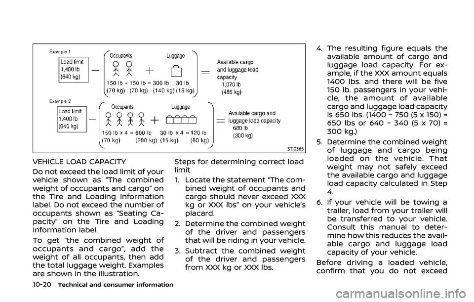 NISSAN 370Z 2020 Owner´s Manual 10-20Technical and consumer information
STI0365
VEHICLE LOAD CAPACITY
Do not exceed the load limit of your
vehicle shown as “The combined
weight of occupants and cargo” on
the Tire and Loading Inf NISSAN 370Z 2020 Owner´s Manual 10-20Technical and consumer information
STI0365
VEHICLE LOAD CAPACITY
Do not exceed the load limit of your
vehicle shown as “The combined
weight of occupants and cargo” on
the Tire and Loading Inf