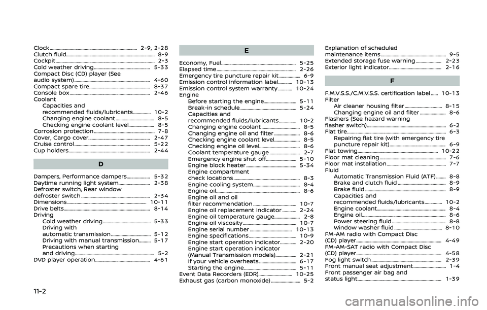 NISSAN 370Z 2020  Owner´s Manual 11-2
Clock ........................................................................\
... 2-9, 2-28
Clutch fluid........................................................................\
.... 8-9
Cockpi