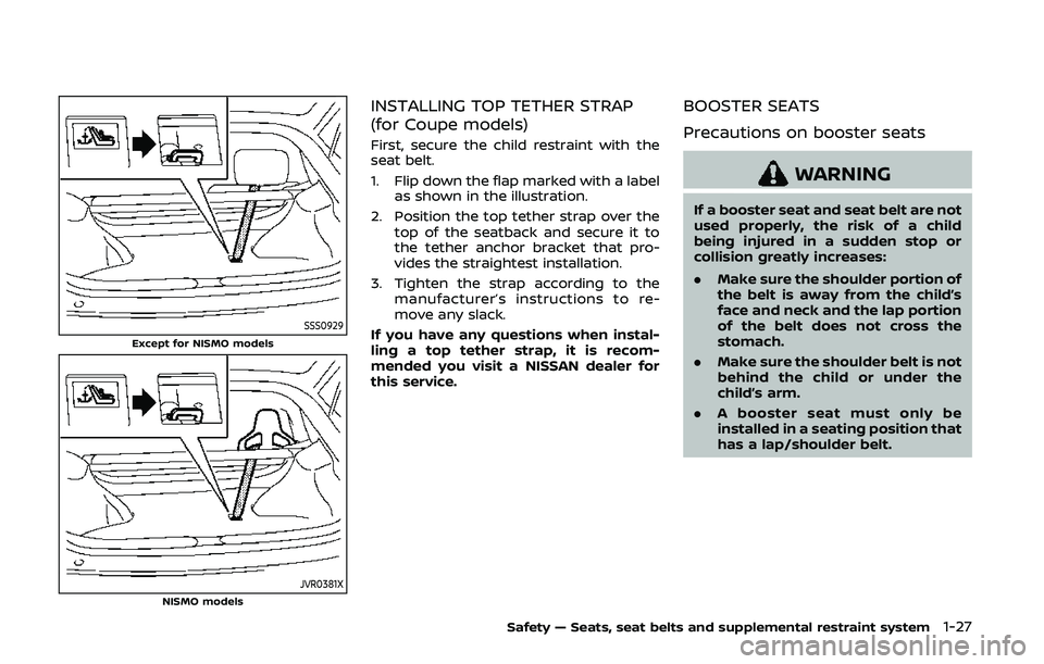 NISSAN 370Z 2020  Owner´s Manual SSS0929Except for NISMO models
JVR0381XNISMO models
INSTALLING TOP TETHER STRAP
(for Coupe models)
First, secure the child restraint with the
seat belt.
1. Flip down the flap marked with a labelas sho