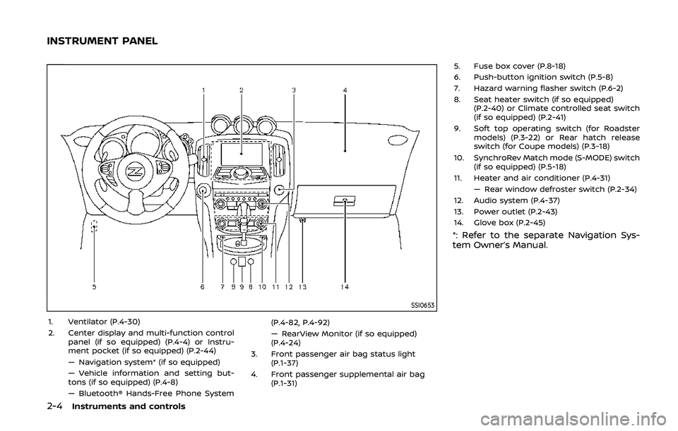 NISSAN 370Z 2020 Owner´s Manual 2-4Instruments and controls
SSI0653
1. Ventilator (P.4-30)
2. Center display and multi-function controlpanel (if so equipped) (P.4-4) or Instru-
ment pocket (if so equipped) (P.2-44)
— Navigation sy NISSAN 370Z 2020 Owner´s Manual 2-4Instruments and controls
SSI0653
1. Ventilator (P.4-30)
2. Center display and multi-function controlpanel (if so equipped) (P.4-4) or Instru-
ment pocket (if so equipped) (P.2-44)
— Navigation sy