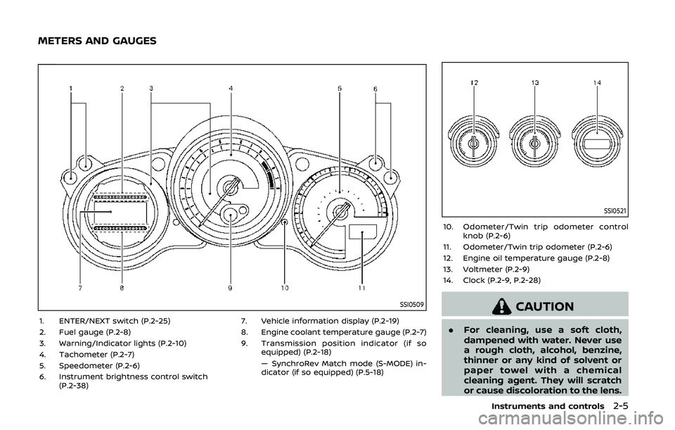NISSAN 370Z 2020 Owner´s Manual SSI0509
1. ENTER/NEXT switch (P.2-25)
2. Fuel gauge (P.2-8)
3. Warning/Indicator lights (P.2-10)
4. Tachometer (P.2-7)
5. Speedometer (P.2-6)
6. Instrument brightness control switch(P.2-38) 7. Vehicle NISSAN 370Z 2020 Owner´s Manual SSI0509
1. ENTER/NEXT switch (P.2-25)
2. Fuel gauge (P.2-8)
3. Warning/Indicator lights (P.2-10)
4. Tachometer (P.2-7)
5. Speedometer (P.2-6)
6. Instrument brightness control switch(P.2-38) 7. Vehicle