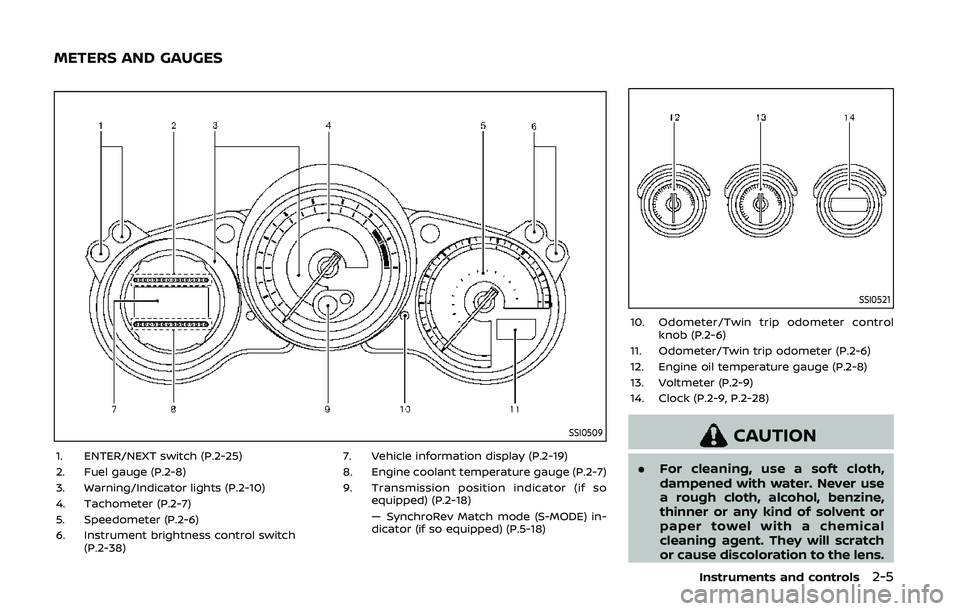 NISSAN 370Z 2020  Owner´s Manual SSI0509
1. ENTER/NEXT switch (P.2-25)
2. Fuel gauge (P.2-8)
3. Warning/Indicator lights (P.2-10)
4. Tachometer (P.2-7)
5. Speedometer (P.2-6)
6. Instrument brightness control switch(P.2-38) 7. Vehicle