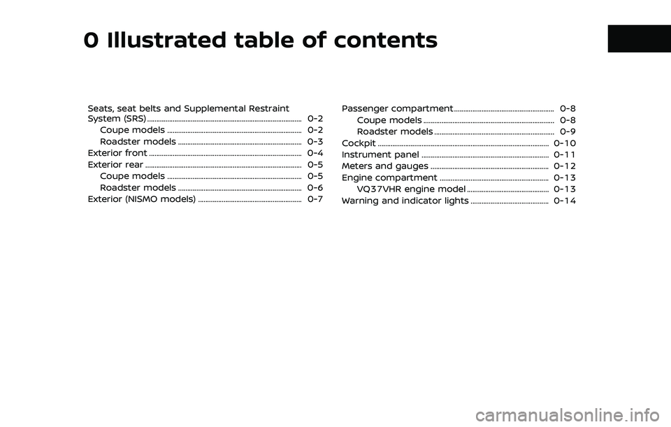 NISSAN 370Z 2020  Owner´s Manual 0 Illustrated table of contents
Seats, seat belts and Supplemental Restraint
System (SRS) ........................................................................\
............. 0-2Coupe models ......