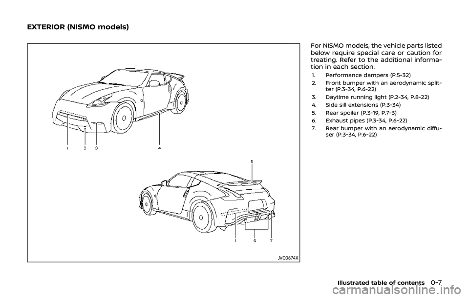 NISSAN 370Z 2019  Owner´s Manual JVC0674X
For NISMO models, the vehicle parts listed
below require special care or caution for
treating. Refer to the additional informa-
tion in each section.
1. Performance dampers (P.5-32)
2. Front 