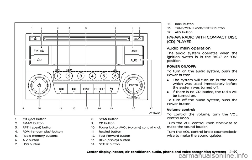 NISSAN 370Z 2019  Owner´s Manual JVH0923X
1. CD eject button
2. FM·AM button
3. RPT (repeat) button
4. RDM (random play) button
5. Radio memory buttons
6. A-Z button
7. USB button8. SCAN button
9. CD button
10. Power button/VOL (vol