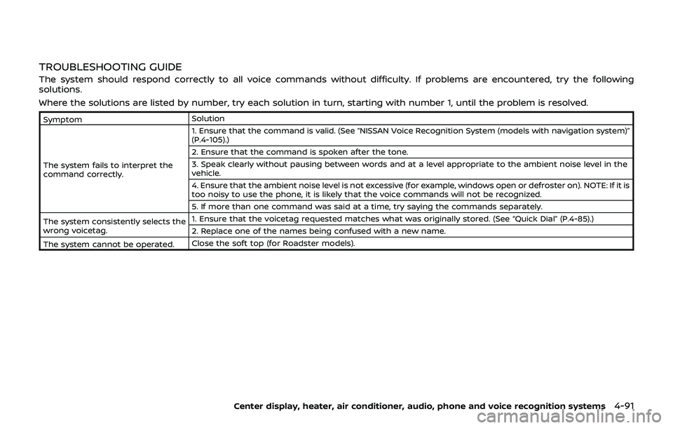 NISSAN 370Z 2019 Owner´s Manual TROUBLESHOOTING GUIDE
The system should respond correctly to all voice commands without difficulty. If problems are encountered, try the following
solutions.
Where the solutions are listed by number, NISSAN 370Z 2019 Owner´s Manual TROUBLESHOOTING GUIDE
The system should respond correctly to all voice commands without difficulty. If problems are encountered, try the following
solutions.
Where the solutions are listed by number,