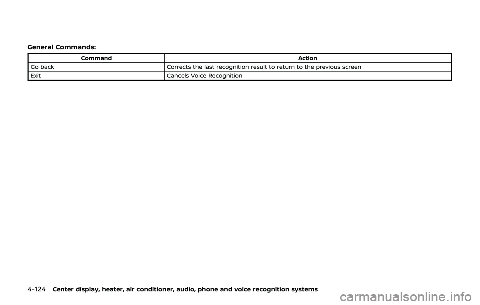 NISSAN 370Z 2019  Owner´s Manual 4-124Center display, heater, air conditioner, audio, phone and voice recognition systems
General Commands:
CommandAction
Go back Corrects the last recognition result to return to the previous screen
E