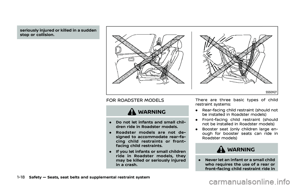 NISSAN 370Z 2019  Owner´s Manual 1-18Safety — Seats, seat belts and supplemental restraint system
seriously injured or killed in a sudden
stop or collision.
SSS0927
FOR ROADSTER MODELS
WARNING
.Do not let infants and small chil-
dr