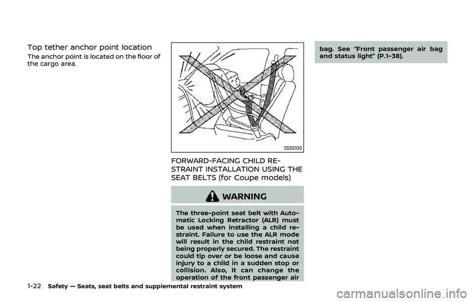 NISSAN 370Z 2019  Owner´s Manual 1-22Safety — Seats, seat belts and supplemental restraint system
Top tether anchor point location
The anchor point is located on the floor of
the cargo area.
SSS0100
FORWARD-FACING CHILD RE-
STRAINT