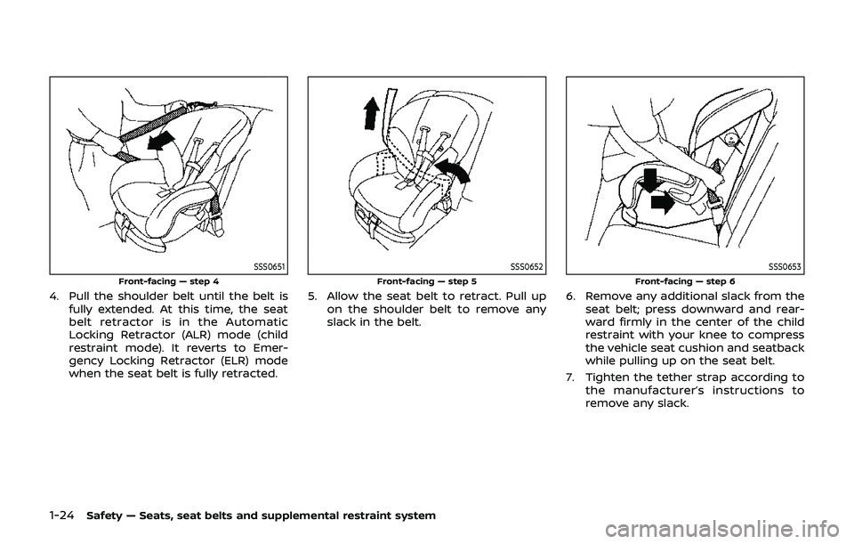 NISSAN 370Z 2019  Owner´s Manual 1-24Safety — Seats, seat belts and supplemental restraint system
SSS0651
Front-facing — step 4
4. Pull the shoulder belt until the belt isfully extended. At this time, the seat
belt retractor is i