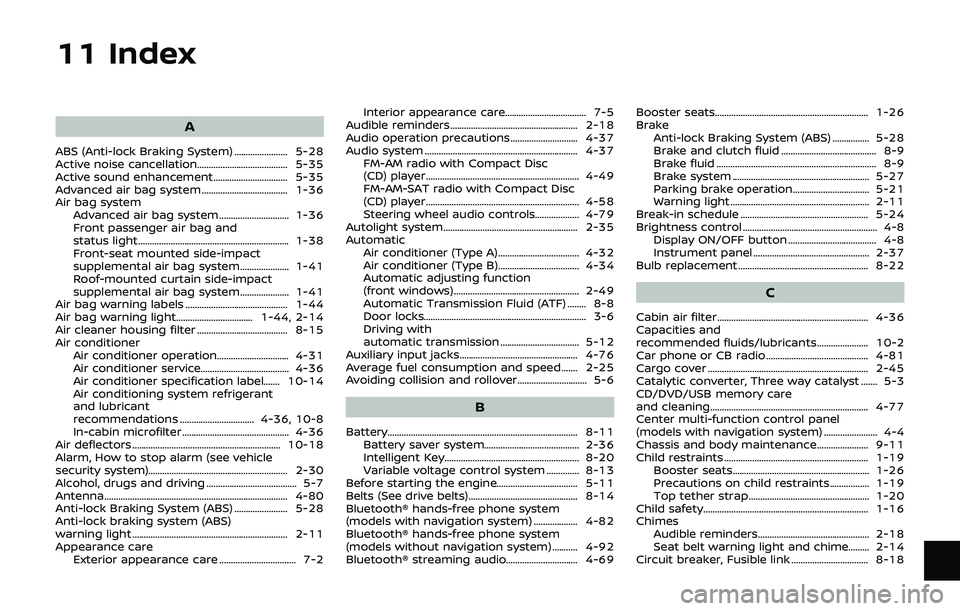 NISSAN 370Z 2019  Owner´s Manual 11 Index
A
ABS (Anti-lock Braking System) ....................... 5-28
Active noise cancellation....................................... 5-35
Active sound enhancement................................ 5-