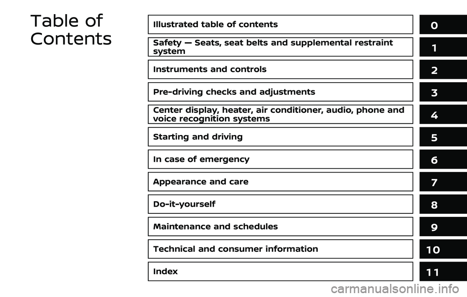 NISSAN 370Z 2019 Owner´s Manual Illustrated table of contents0
Safety — Seats, seat belts and supplemental restraint
system1
Instruments and controls
Pre-driving checks and adjustments
Center display, heater, air conditioner, audi NISSAN 370Z 2019 Owner´s Manual Illustrated table of contents0
Safety — Seats, seat belts and supplemental restraint
system1
Instruments and controls
Pre-driving checks and adjustments
Center display, heater, air conditioner, audi