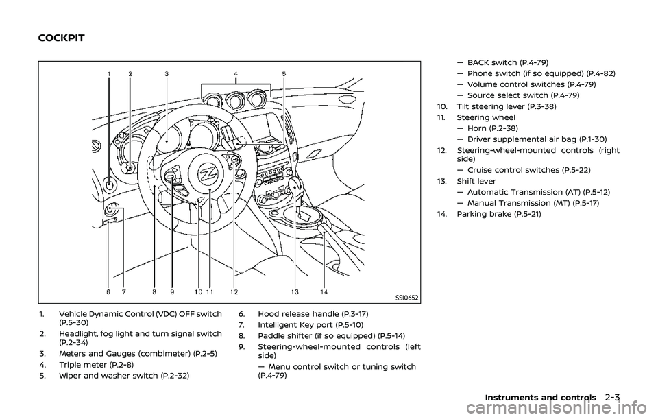 NISSAN 370Z 2019 Owner´s Manual SSI0652
1. Vehicle Dynamic Control (VDC) OFF switch(P.5-30)
2. Headlight, fog light and turn signal switch (P.2-34)
3. Meters and Gauges (combimeter) (P.2-5)
4. Triple meter (P.2-8)
5. Wiper and washe NISSAN 370Z 2019 Owner´s Manual SSI0652
1. Vehicle Dynamic Control (VDC) OFF switch(P.5-30)
2. Headlight, fog light and turn signal switch (P.2-34)
3. Meters and Gauges (combimeter) (P.2-5)
4. Triple meter (P.2-8)
5. Wiper and washe