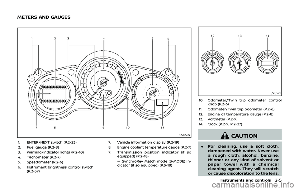 NISSAN 370Z 2019 Owner´s Manual SSI0509
1. ENTER/NEXT switch (P.2-23)
2. Fuel gauge (P.2-8)
3. Warning/Indicator lights (P.2-10)
4. Tachometer (P.2-7)
5. Speedometer (P.2-6)
6. Instrument brightness control switch(P.2-37) 7. Vehicle NISSAN 370Z 2019 Owner´s Manual SSI0509
1. ENTER/NEXT switch (P.2-23)
2. Fuel gauge (P.2-8)
3. Warning/Indicator lights (P.2-10)
4. Tachometer (P.2-7)
5. Speedometer (P.2-6)
6. Instrument brightness control switch(P.2-37) 7. Vehicle