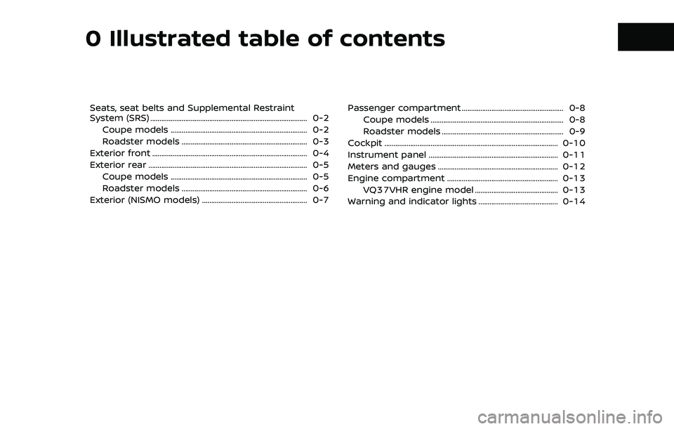 NISSAN 370Z 2019  Owner´s Manual 0 Illustrated table of contents
Seats, seat belts and Supplemental Restraint
System (SRS) ........................................................................\
............. 0-2Coupe models ......