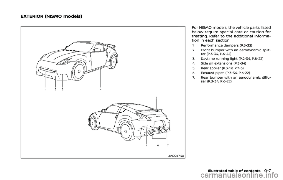 NISSAN 370Z 2018  Owner´s Manual JVC0674X
For NISMO models, the vehicle parts listed
below require special care or caution for
treating. Refer to the additional informa-
tion in each section.
1. Performance dampers (P.5-32)
2. Front 