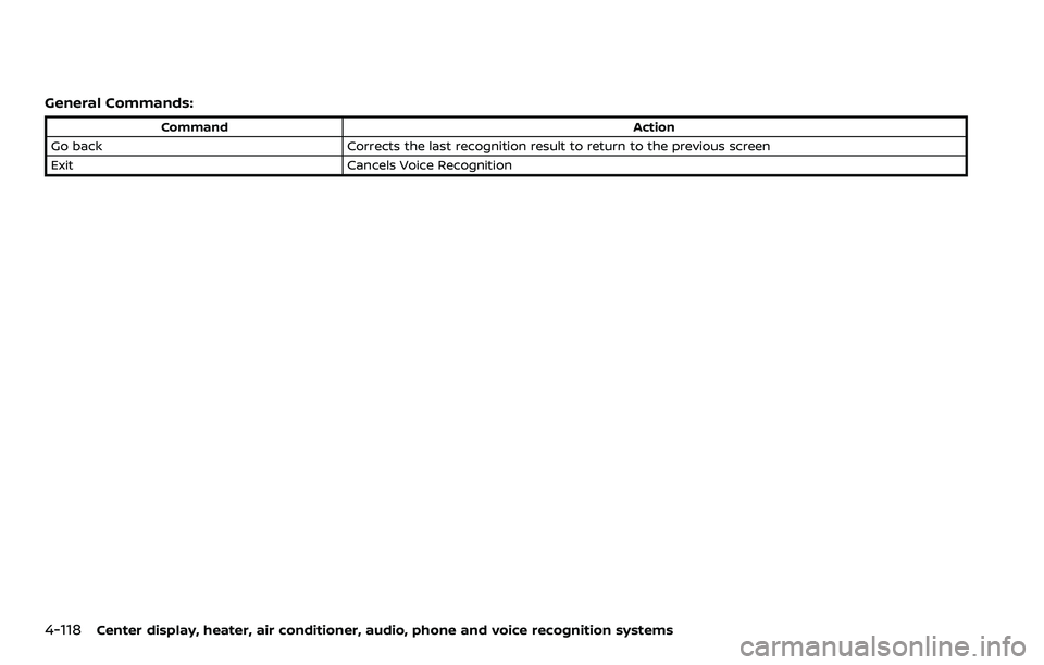 NISSAN 370Z 2018 Owner´s Manual 4-118Center display, heater, air conditioner, audio, phone and voice recognition systems
General Commands:
CommandAction
Go back Corrects the last recognition result to return to the previous screen
E NISSAN 370Z 2018 Owner´s Manual 4-118Center display, heater, air conditioner, audio, phone and voice recognition systems
General Commands:
CommandAction
Go back Corrects the last recognition result to return to the previous screen
E