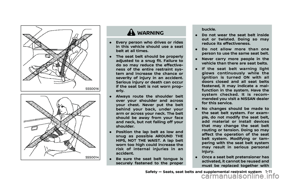 NISSAN 370Z 2018  Owner´s Manual SSS0016
SSS0014
WARNING
.Every person who drives or rides
in this vehicle should use a seat
belt at all times.
. The seat belt should be properly
adjusted to a snug fit. Failure to
do so may reduce th