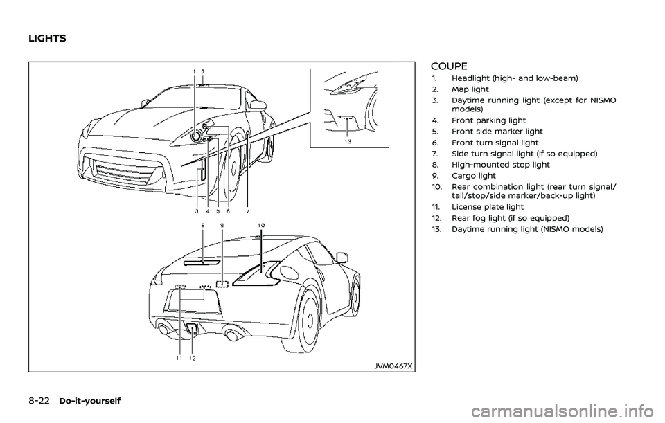 NISSAN 370Z 2018 Owner´s Manual 8-22Do-it-yourself
JVM0467X
COUPE
1. Headlight (high- and low-beam)
2. Map light
3. Daytime running light (except for NISMOmodels)
4. Front parking light
5. Front side marker light
6. Front turn signa NISSAN 370Z 2018 Owner´s Manual 8-22Do-it-yourself
JVM0467X
COUPE
1. Headlight (high- and low-beam)
2. Map light
3. Daytime running light (except for NISMOmodels)
4. Front parking light
5. Front side marker light
6. Front turn signa