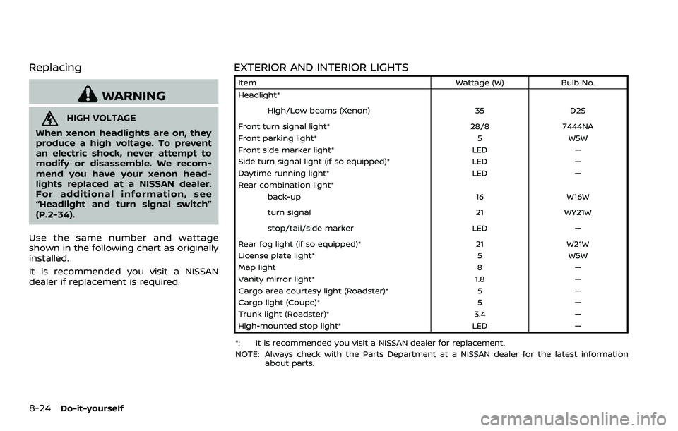 NISSAN 370Z 2018 Owner´s Manual 8-24Do-it-yourself
Replacing
WARNING
HIGH VOLTAGE
When xenon headlights are on, they
produce a high voltage. To prevent
an electric shock, never attempt to
modify or disassemble. We recom-
mend you ha NISSAN 370Z 2018 Owner´s Manual 8-24Do-it-yourself
Replacing
WARNING
HIGH VOLTAGE
When xenon headlights are on, they
produce a high voltage. To prevent
an electric shock, never attempt to
modify or disassemble. We recom-
mend you ha