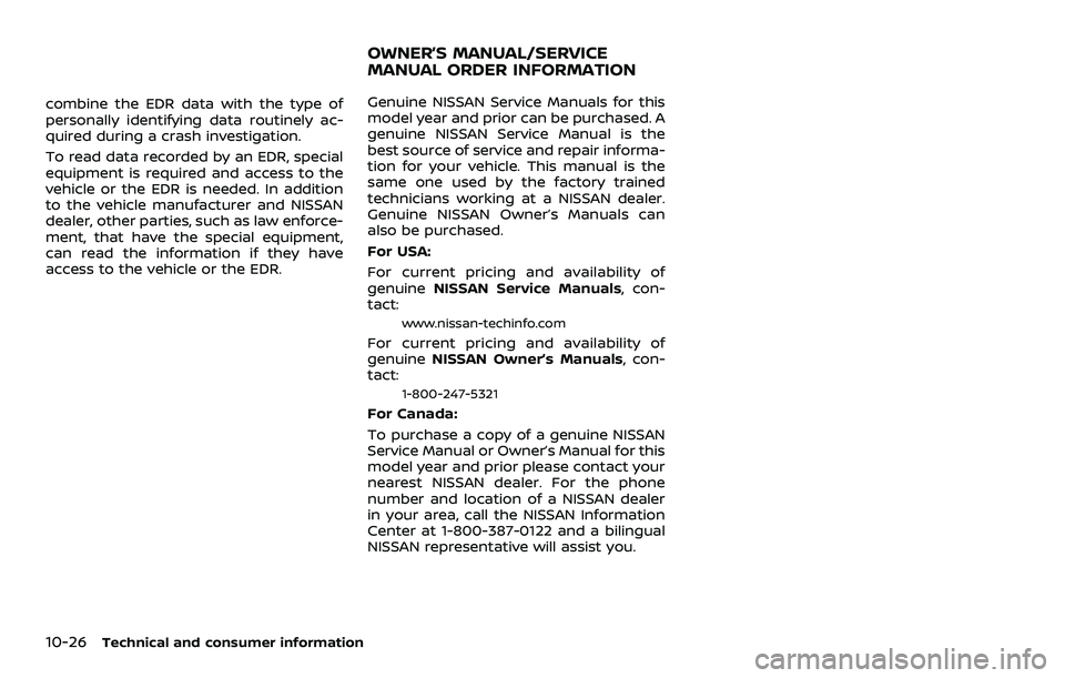 NISSAN 370Z 2018 Owner´s Manual 10-26Technical and consumer information
combine the EDR data with the type of
personally identifying data routinely ac-
quired during a crash investigation.
To read data recorded by an EDR, special
eq NISSAN 370Z 2018 Owner´s Manual 10-26Technical and consumer information
combine the EDR data with the type of
personally identifying data routinely ac-
quired during a crash investigation.
To read data recorded by an EDR, special
eq