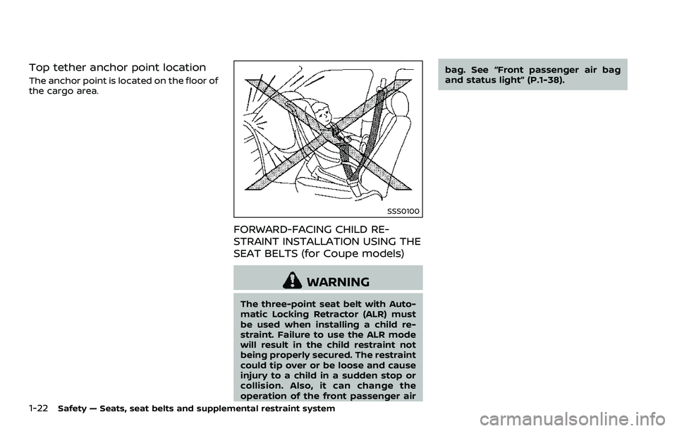 NISSAN 370Z 2018  Owner´s Manual 1-22Safety — Seats, seat belts and supplemental restraint system
Top tether anchor point location
The anchor point is located on the floor of
the cargo area.
SSS0100
FORWARD-FACING CHILD RE-
STRAINT