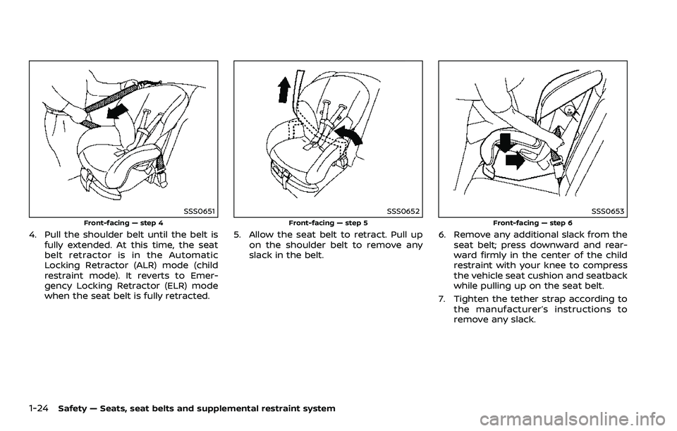 NISSAN 370Z 2018 Owner´s Manual 1-24Safety — Seats, seat belts and supplemental restraint system
SSS0651
Front-facing — step 4
4. Pull the shoulder belt until the belt isfully extended. At this time, the seat
belt retractor is i NISSAN 370Z 2018 Owner´s Manual 1-24Safety — Seats, seat belts and supplemental restraint system
SSS0651
Front-facing — step 4
4. Pull the shoulder belt until the belt isfully extended. At this time, the seat
belt retractor is i