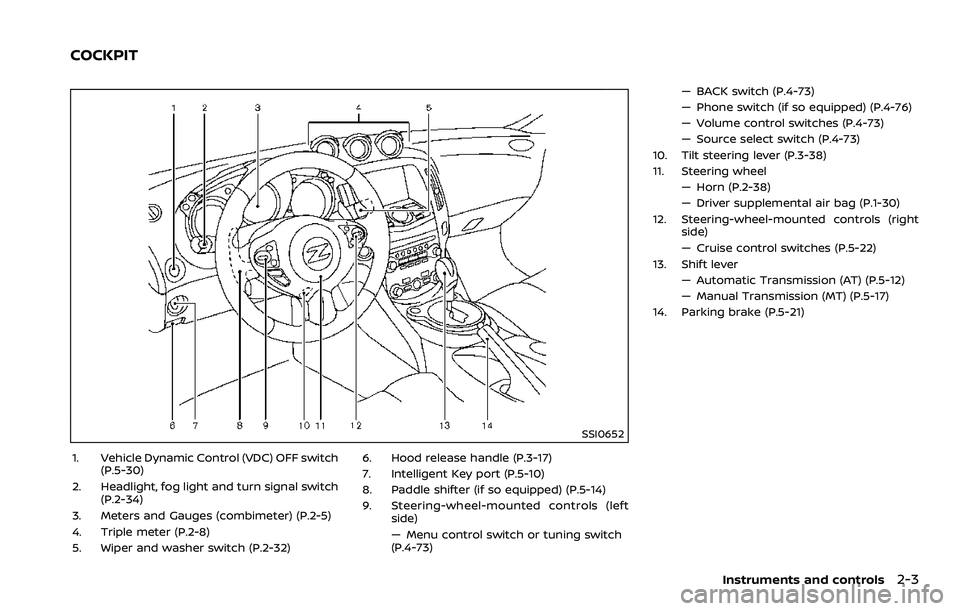 NISSAN 370Z 2018 Owner´s Manual SSI0652
1. Vehicle Dynamic Control (VDC) OFF switch(P.5-30)
2. Headlight, fog light and turn signal switch (P.2-34)
3. Meters and Gauges (combimeter) (P.2-5)
4. Triple meter (P.2-8)
5. Wiper and washe NISSAN 370Z 2018 Owner´s Manual SSI0652
1. Vehicle Dynamic Control (VDC) OFF switch(P.5-30)
2. Headlight, fog light and turn signal switch (P.2-34)
3. Meters and Gauges (combimeter) (P.2-5)
4. Triple meter (P.2-8)
5. Wiper and washe