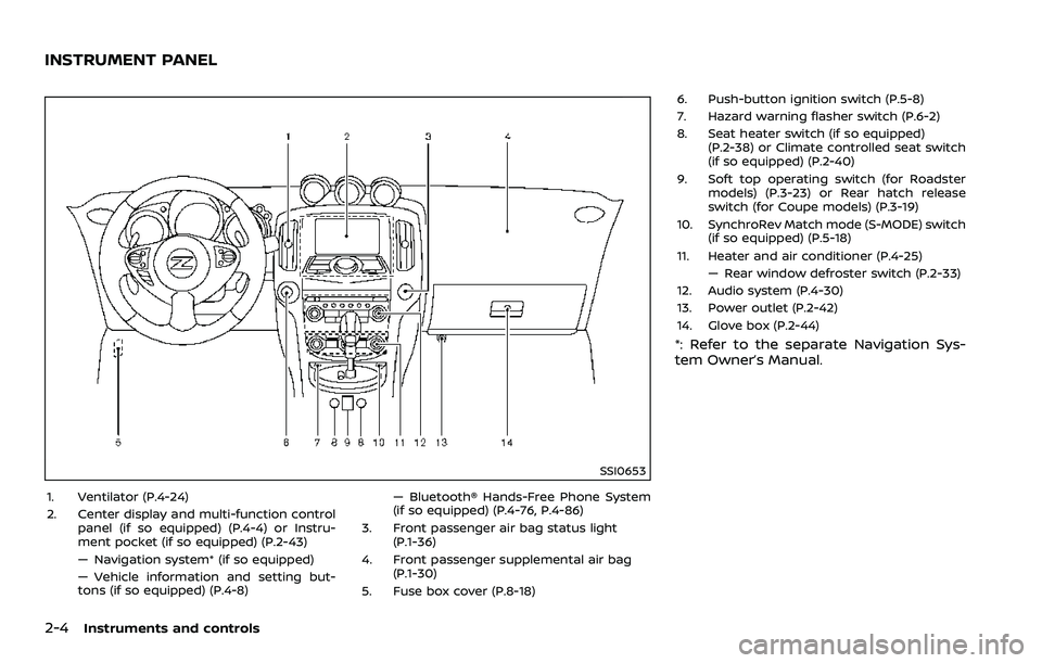 NISSAN 370Z 2018 Owner´s Manual 2-4Instruments and controls
SSI0653
1. Ventilator (P.4-24)
2. Center display and multi-function controlpanel (if so equipped) (P.4-4) or Instru-
ment pocket (if so equipped) (P.2-43)
— Navigation sy NISSAN 370Z 2018 Owner´s Manual 2-4Instruments and controls
SSI0653
1. Ventilator (P.4-24)
2. Center display and multi-function controlpanel (if so equipped) (P.4-4) or Instru-
ment pocket (if so equipped) (P.2-43)
— Navigation sy