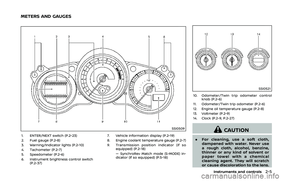 NISSAN 370Z 2018 Owner´s Manual SSI0509
1. ENTER/NEXT switch (P.2-23)
2. Fuel gauge (P.2-8)
3. Warning/Indicator lights (P.2-10)
4. Tachometer (P.2-7)
5. Speedometer (P.2-6)
6. Instrument brightness control switch(P.2-37) 7. Vehicle NISSAN 370Z 2018 Owner´s Manual SSI0509
1. ENTER/NEXT switch (P.2-23)
2. Fuel gauge (P.2-8)
3. Warning/Indicator lights (P.2-10)
4. Tachometer (P.2-7)
5. Speedometer (P.2-6)
6. Instrument brightness control switch(P.2-37) 7. Vehicle