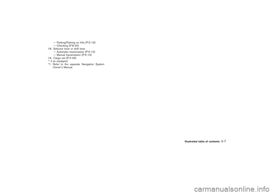 NISSAN 350Z 2007  Owner´s Manual — Parking/Parking on hills (P.5-19)
— Checking (P.8-20)
18. Selector lever or shift lever
— Automatic transmission (P.5-10)
— Manual transmission (P.5-13)
19. Cargo net (P.2-33)
*: if so equip