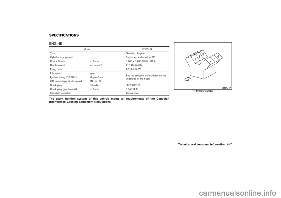 NISSAN 350Z 2007  Owner´s Manual ENGINE
Model VQ35HR
Type Gasoline, 4-cycle
Cylinder arrangement 6-cylinder, V-slanted at 60°
Bore x Stroke in (mm) 3.760 x 3.205 (95.5 x 81.4)
Displacement cu in (cm
3) 213.45 (3,498)
Firing order 1-