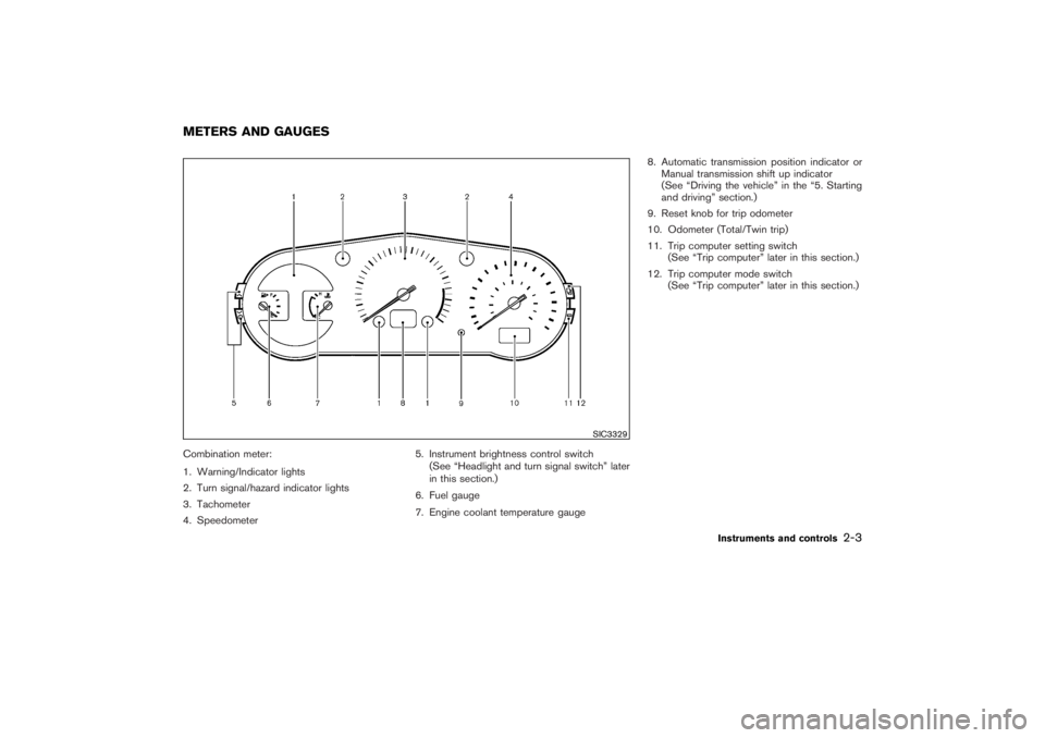 NISSAN 350Z 2007  Owner´s Manual Combination meter:
1. Warning/Indicator lights
2. Turn signal/hazard indicator lights
3. Tachometer
4. Speedometer5. Instrument brightness control switch
(See “Headlight and turn signal switch” la
