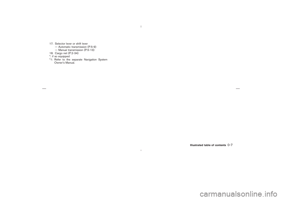 NISSAN 350Z 2006  Owner´s Manual 17. Selector lever or shift lever
— Automatic transmission (P.5-9)
— Manual transmission (P.5-13)
18. Cargo net (P.2-34)
*: if so equipped
*1: Refer to the separate Navigation System
Owner’s Man