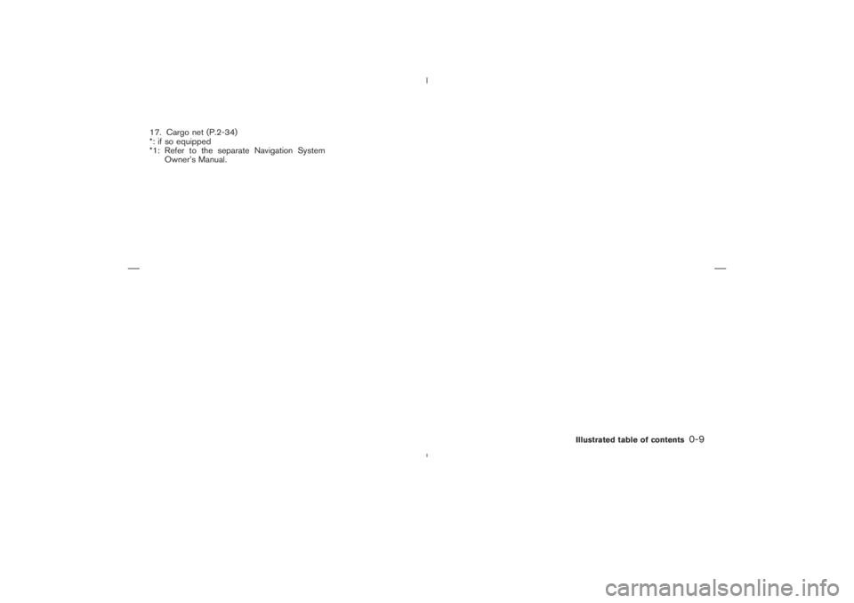 NISSAN 350Z 2006  Owner´s Manual 17. Cargo net (P.2-34)
*: if so equipped
*1: Refer to the separate Navigation System
Owner’s Manual.
Illustrated table of contents
0-9

06.1.17/Z33-D/V5.0
 