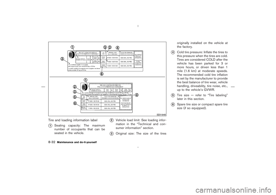 NISSAN 350Z 2006  Owner´s Manual Tire and loading information label1
Seating capacity: The maximum
number of occupants that can be
seated in the vehicle.
2
Vehicle load limit: See loading infor-
mation in the “Technical and con-
