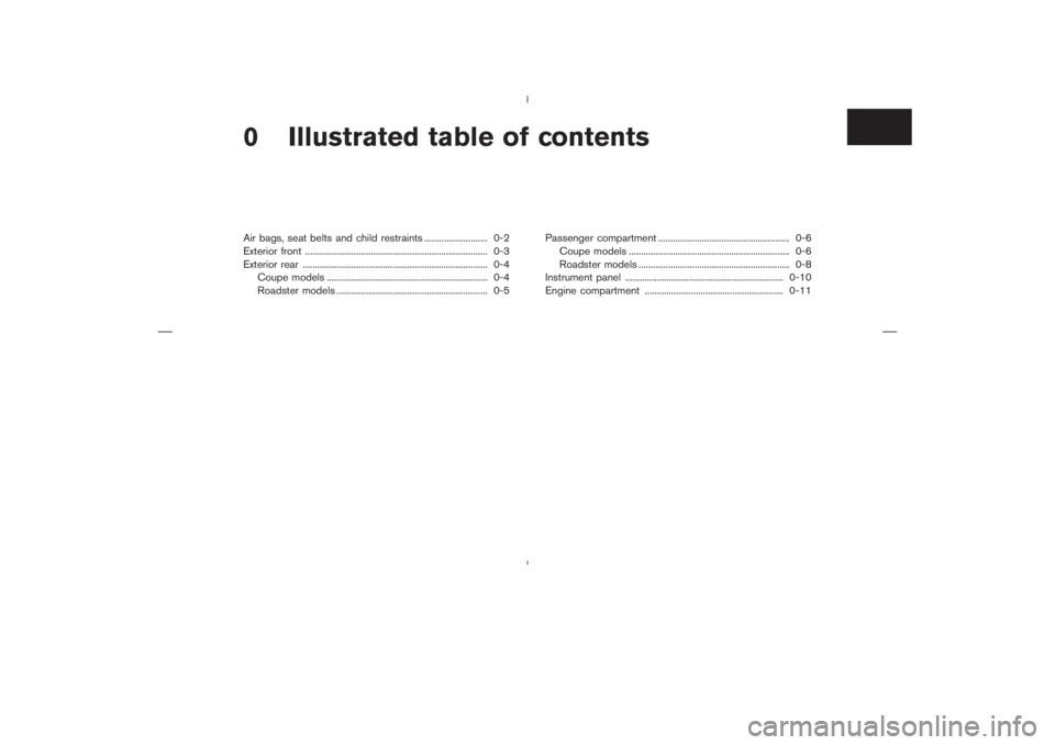 NISSAN 350Z 2006  Owner´s Manual 0 Illustrated table of contentsAir bags, seat belts and child restraints .......................... 0-2
Exterior front ........................................................................... 0-3
E