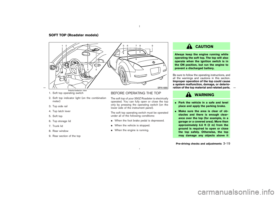 NISSAN 350Z 2005  Owner´s Manual 1. Soft top operating switch
2. Soft top indicator light (on the combination
meter)
3. Top side rail
4. Top latch lever
5. Soft top
6. Top storage lid
7. Trunk lid
8. Rear window
9. Rear section of th
