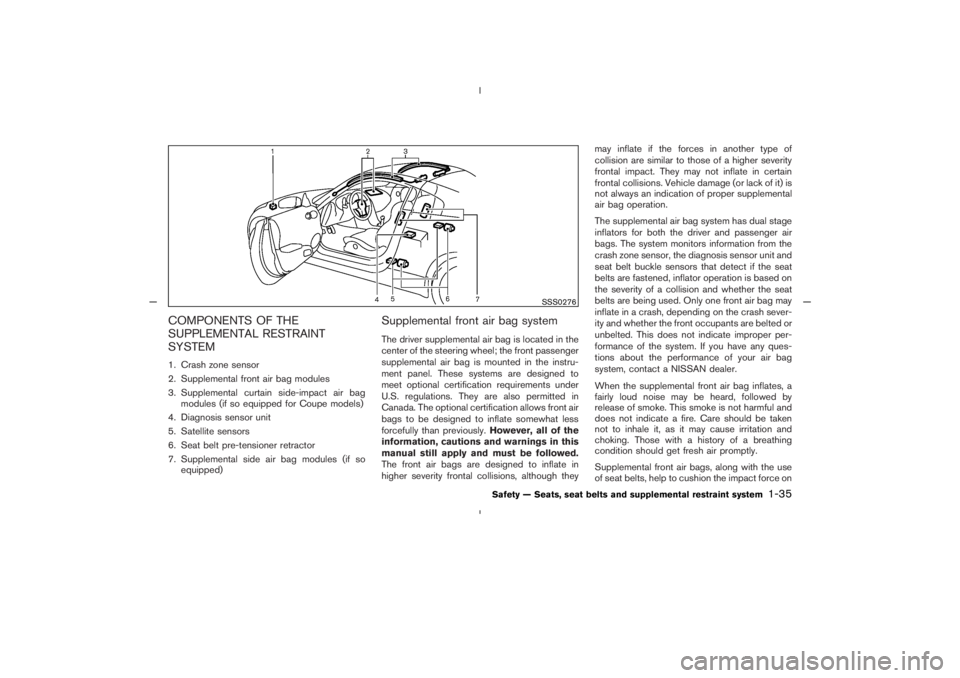 NISSAN 350Z 2005  Owner´s Manual COMPONENTS OF THE
SUPPLEMENTAL RESTRAINT
SYSTEM1. Crash zone sensor
2. Supplemental front air bag modules
3. Supplemental curtain side-impact air bag
modules (if so equipped for Coupe models)
4. Diagn