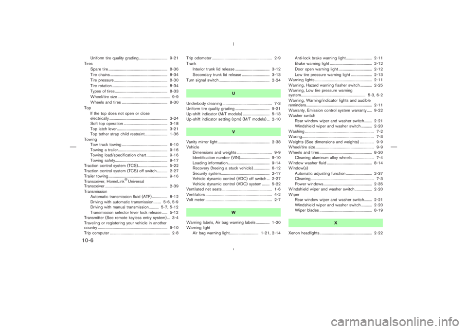 NISSAN 350Z 2004  Owner´s Manual Uniform tire quality grading .............................. 9-21
Tires
Spare tire .............................................................. 8-36
Tire chains ......................................