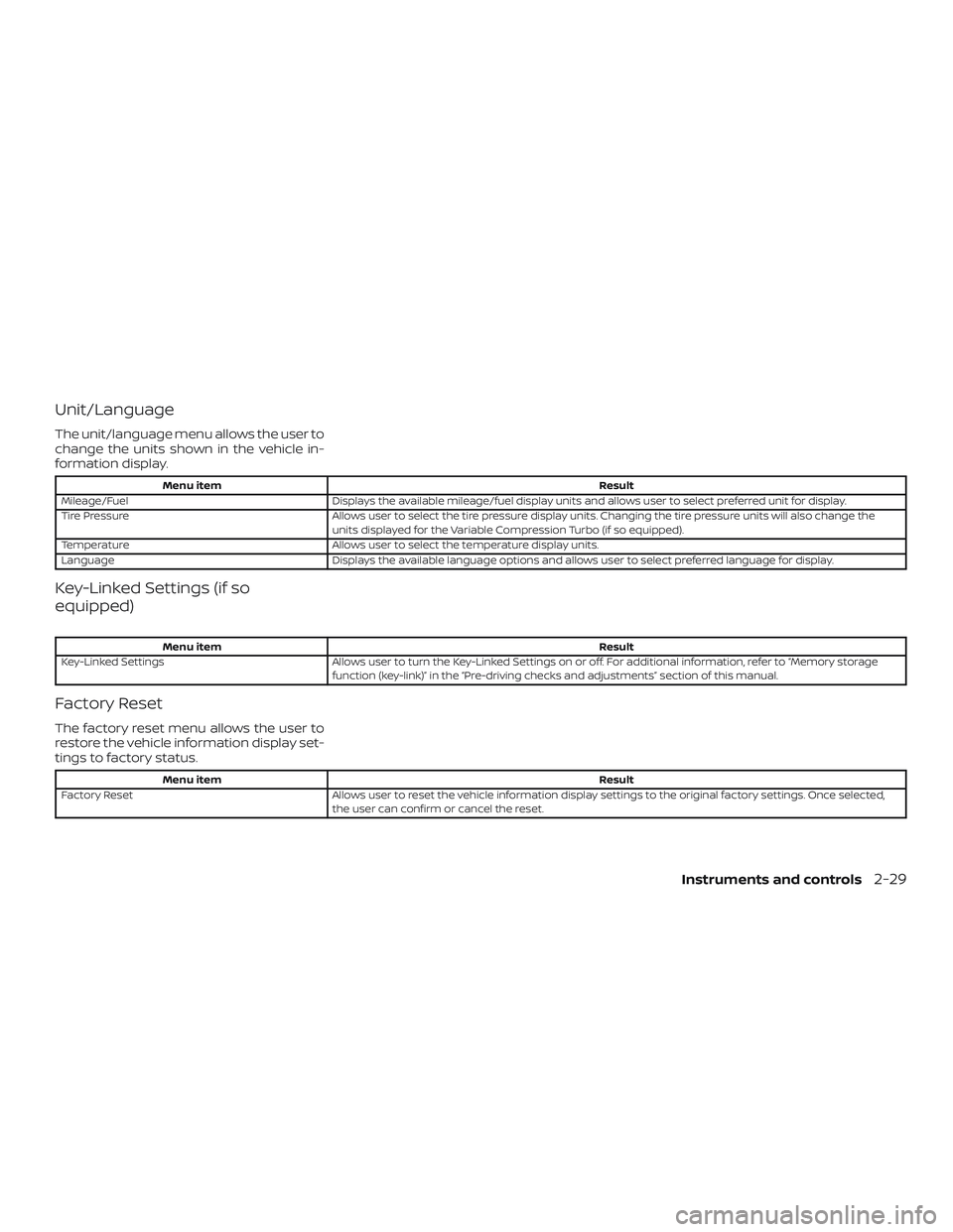 NISSAN ALTIMA 2020  Owner´s Manual Unit/Language
The unit/language menu allows the user to
change the units shown in the vehicle in-
formation display.
Menu itemResult
Mileage/Fuel Displays the available mileage/fuel display units and 