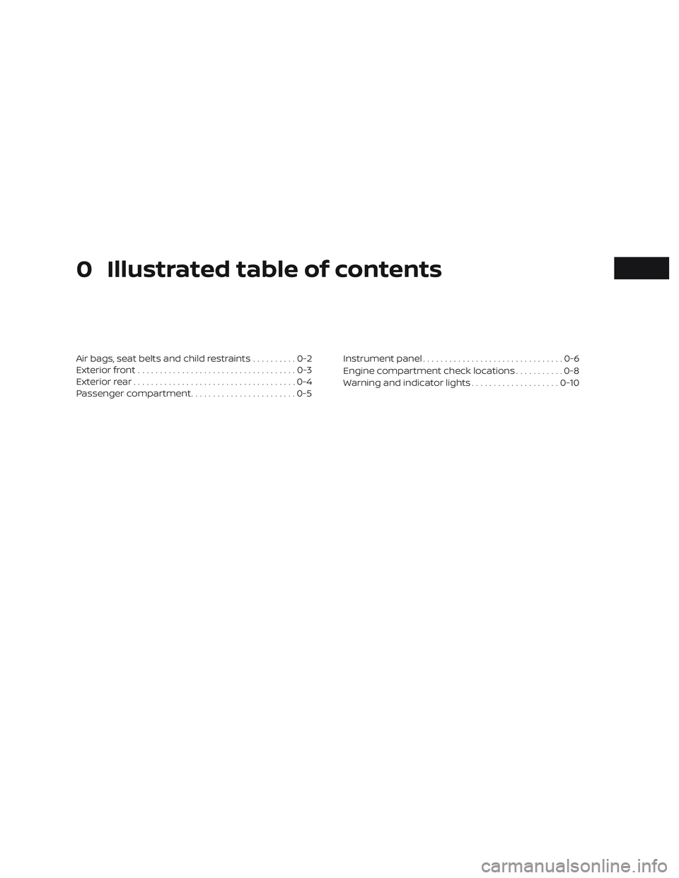 NISSAN ALTIMA 2020  Owner´s Manual 0 Illustrated table of contents
Air bags, seat belts and child restraints..........0-2
Exterior front ....................................0-3
Exterior rear .....................................0-4
Pas