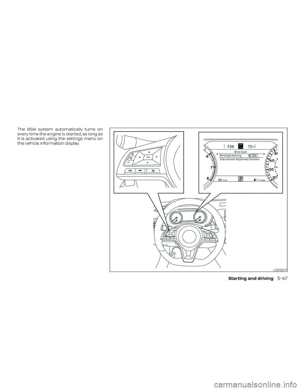 NISSAN ALTIMA 2020 Owner´s Manual The BSW system automatically turns on
every time the engine is started, as long as
it is activated using the settings menu on
the vehicle information display.
LSD3217
Starting and driving5-47 NISSAN ALTIMA 2020 Owner´s Manual The BSW system automatically turns on
every time the engine is started, as long as
it is activated using the settings menu on
the vehicle information display.
LSD3217
Starting and driving5-47