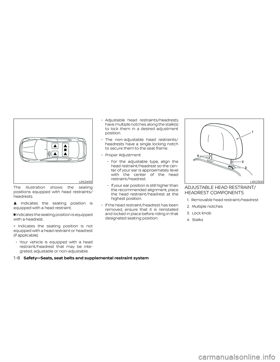NISSAN ALTIMA 2020  Owner´s Manual The illustration shows the seating
positions equipped with head restraints/
headrests.
Indicates the seating position is
equipped with a head restraint.
 Indicates the seating position is equipped
w