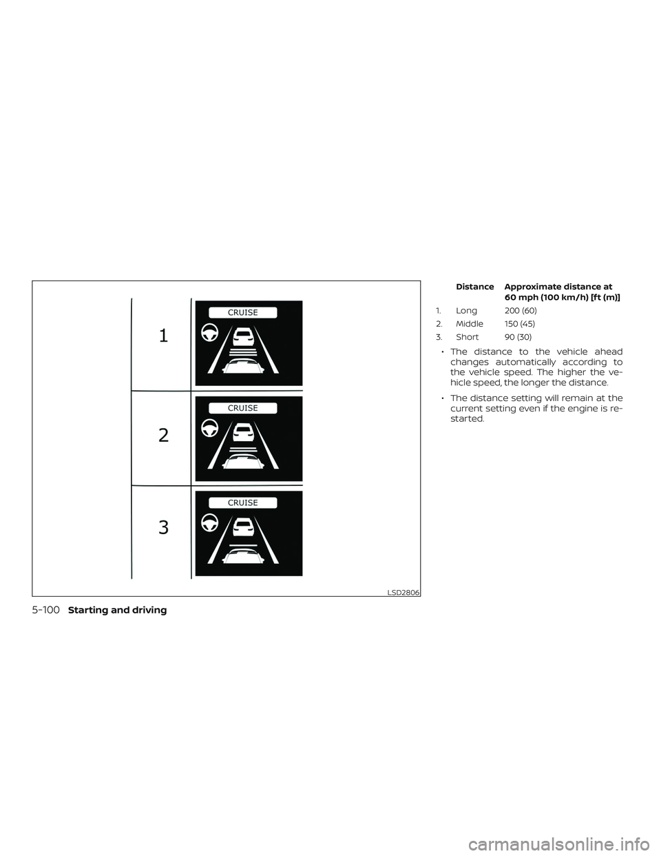 NISSAN ALTIMA 2020  Owner´s Manual Distance Approximate distance at60 mph (100 km/h) [f t (m)]
1. Long 200 (60)
2. Middle 150 (45)
3. Short 90 (30)
∙ The distance to the vehicle ahead changes automatically according to
the vehicle sp