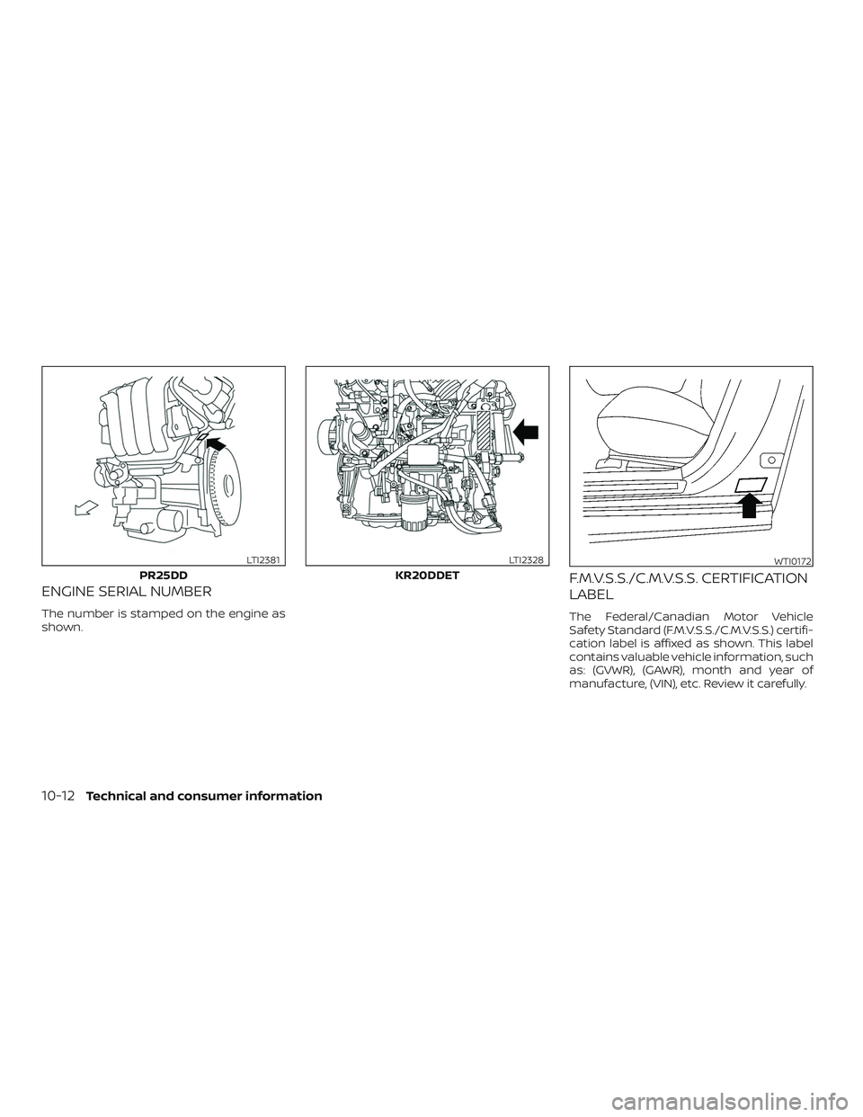 NISSAN ALTIMA 2020  Owner´s Manual ENGINE SERIAL NUMBER
The number is stamped on the engine as
shown.
F.M.V.S.S./C.M.V.S.S. CERTIFICATION
LABEL
The Federal/Canadian Motor Vehicle
Safety Standard (F.M.V.S.S./C.M.V.S.S.) certifi-
cation 